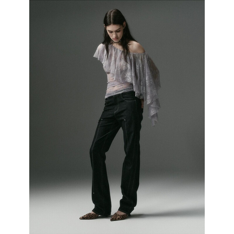 DIONYS* Asymmetrical Pleated Draped Top with a Sense of Design, Lace Off-Shoulder Ruffle T-Shirt DIONYS* Asymmetrical Pleated Draped Top with a Sense of Design, Lace Off-Shoulder Ruffle T-Shirt