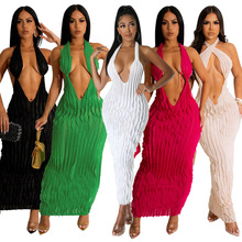 CY900706欧美亚马逊外贸款 挂脖露背性感V领连衣裙 长裙时尚女装