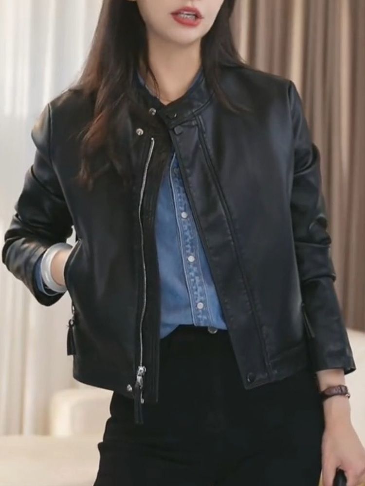 Fashionable Small Leather Jacket Women's Motorcycle Jacket Spring and Autumn New Leather Jacket Casual Short Top Trendy