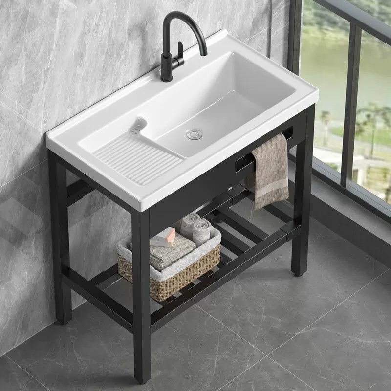 Balcony no-drill stainless steel stand with washboard, ceramic integrated basin, home-use freestanding laundry sink Balcony no-drill stainless steel stand with washboard, ceramic integrated basin, home-use freestanding laundry sink