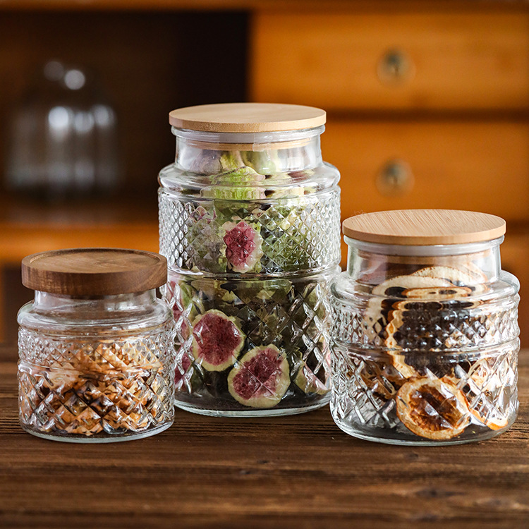 Amazonas vidrio almacenamiento frutas secas retrógrado en relieve casero té latas de cocina botella de sellado de cereales tres piezas conjunto