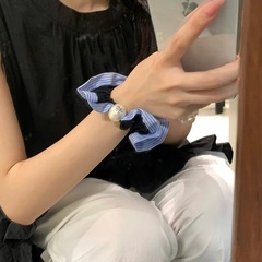 蓝条纹花边珍珠小肠发圈发绳精致蝴蝶结发圈头绳时尚通勤扎发皮筋