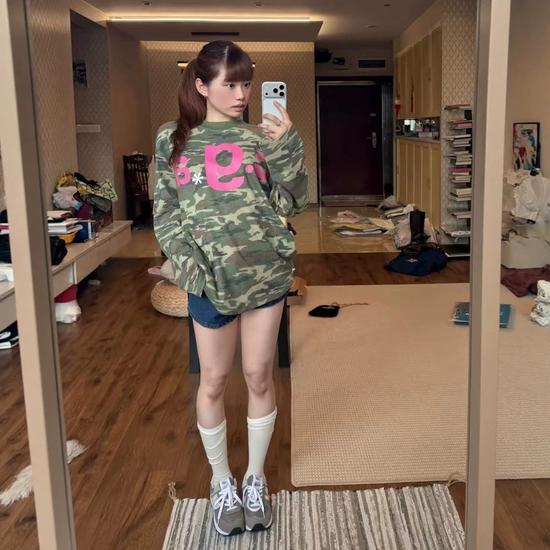 [In stock from our own factory] American-style waffle letter print camouflage long-sleeve T-shirt for women, loose and versatile top