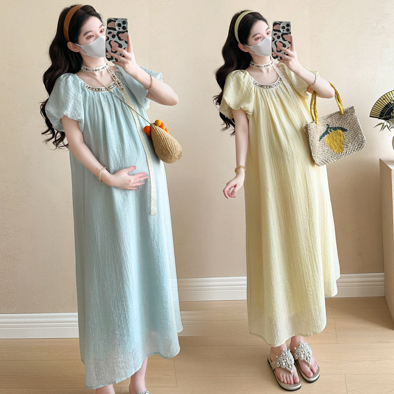 Maternity 2025 Summer New Korean Style Sweet Age-reducing All-match Slimming Low Crewneck Puff Sleeve Pregnant Women dress