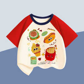 儿童立体汉堡薯条插肩袖t恤2026新款男女宝宝洋气独特好看的上衣