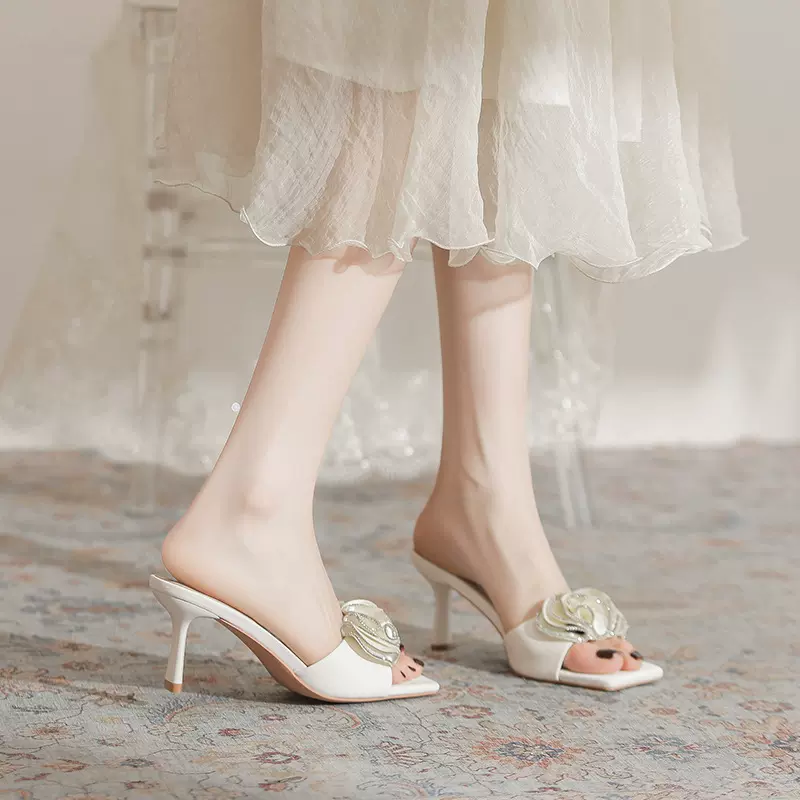 法式气质名媛凉拖2025夏新款外穿露趾细跟一字拖配裙子气质高跟鞋