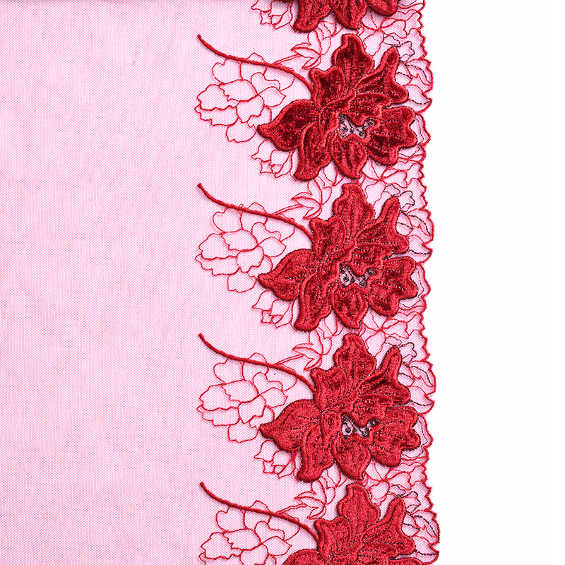 Ropa textil hogar encaje rojo patrón de malla bordado encaje estilo cercanías encaje de nylon