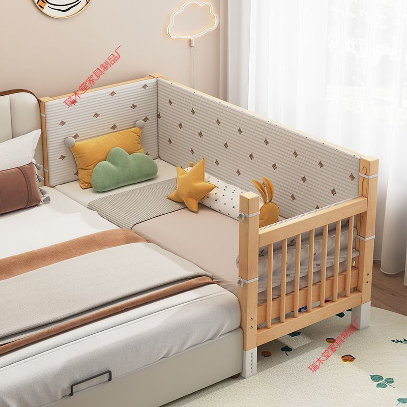 All Beech Wood Splicing Bed Solid Wood Children's Crib Liftable Widened Splicing Large Bed Children's Bedside Bed Splicing Bed