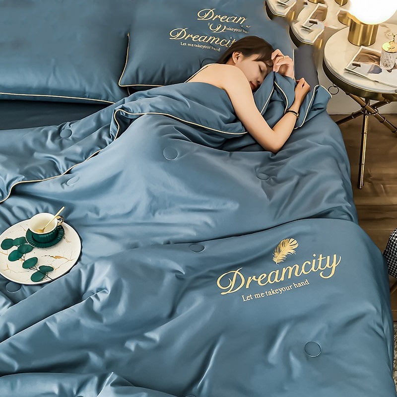 Washed Silk Embroidered Summer Quilt Four-Piece Set, Light Luxury Cool Silk Thin Quilt, Machine Washable Tencel Air-Conditioned Quilt, Summer Cool Quilt