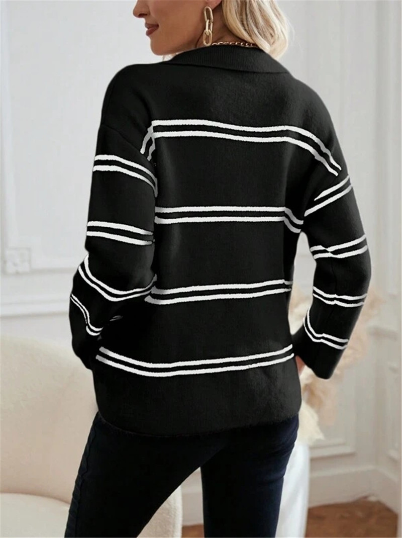 Women's Striped Polo Sweater – V-Neck, Contrast Trim, Long Sleeve (White/Black/Apricot/Red, S-L)_ecoleips.com