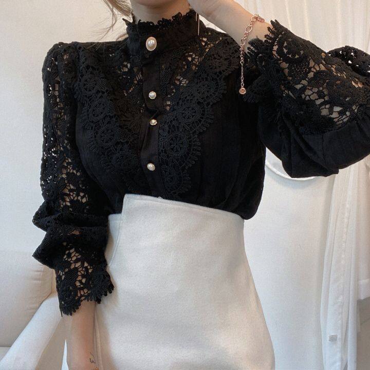 Women's Blouse Long Sleeve Blouses Lace Hollow Out Elegant Solid Color display picture 2