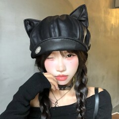 春秋季帽子女款可爱耳朵皮质八角帽个性复古鸭舌帽纯色辣妹贝雷帽