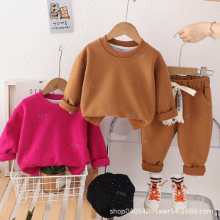 Foreign Trade Children's Clothing 2025 New Girls Handsome Clothes Boys Autum Diamond Sweatshirt Casual Two-Piece Set Trendy Wholesale