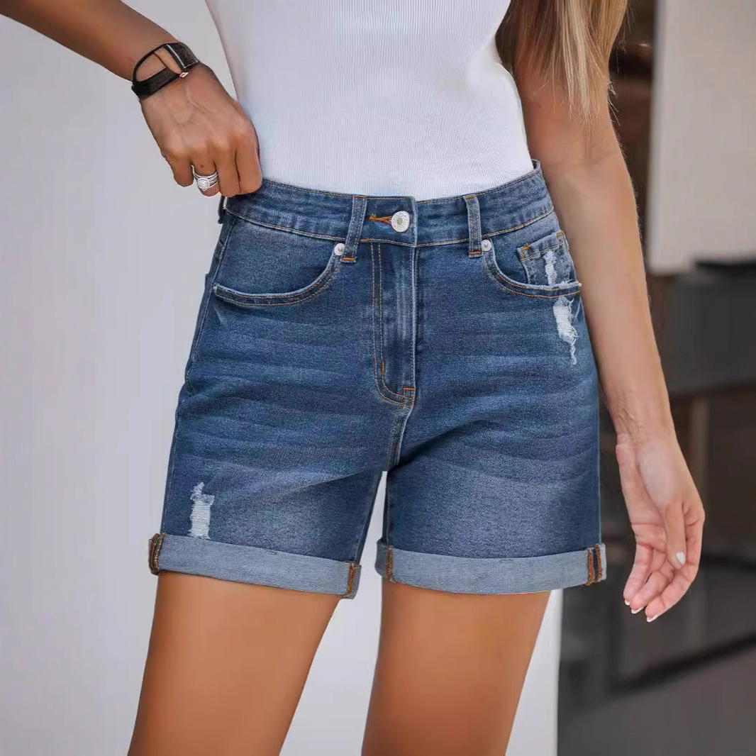 K Women's New Straight Tube Slim Fit Denim Shorts With Worn Edges And Rolled Edges_ecoleips.com