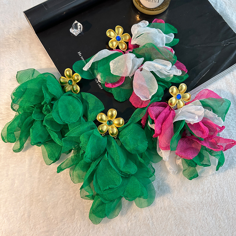Daily Occasion Gauze Material Ethnic Style Flower Gauze Handmade Women's Drop Earrings