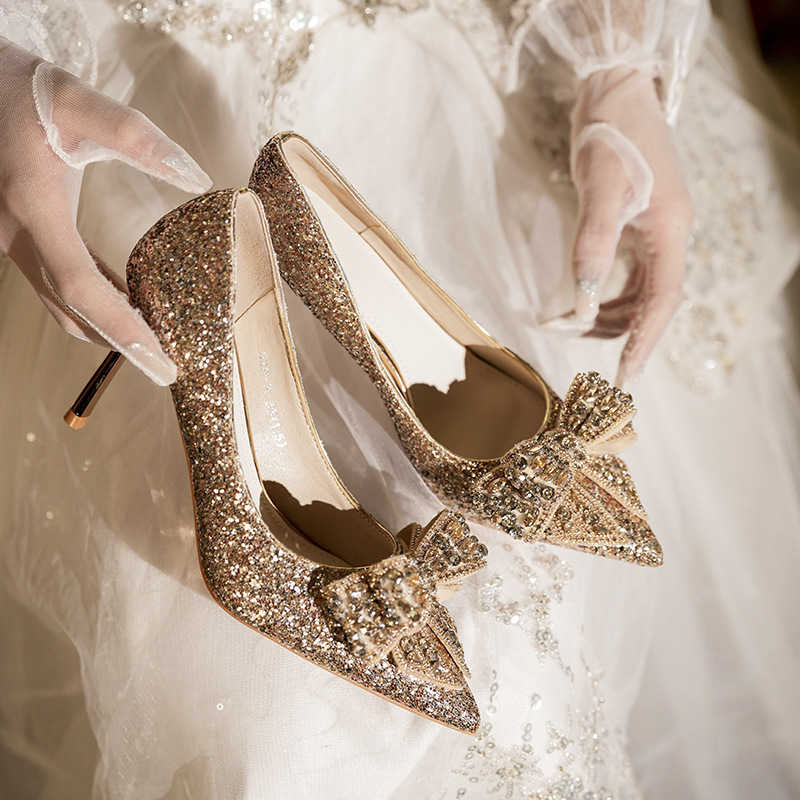 829-8 French Crystal Sequin High Heels Women 2025 New Bow Bride Wedding Shoes Main Banquet