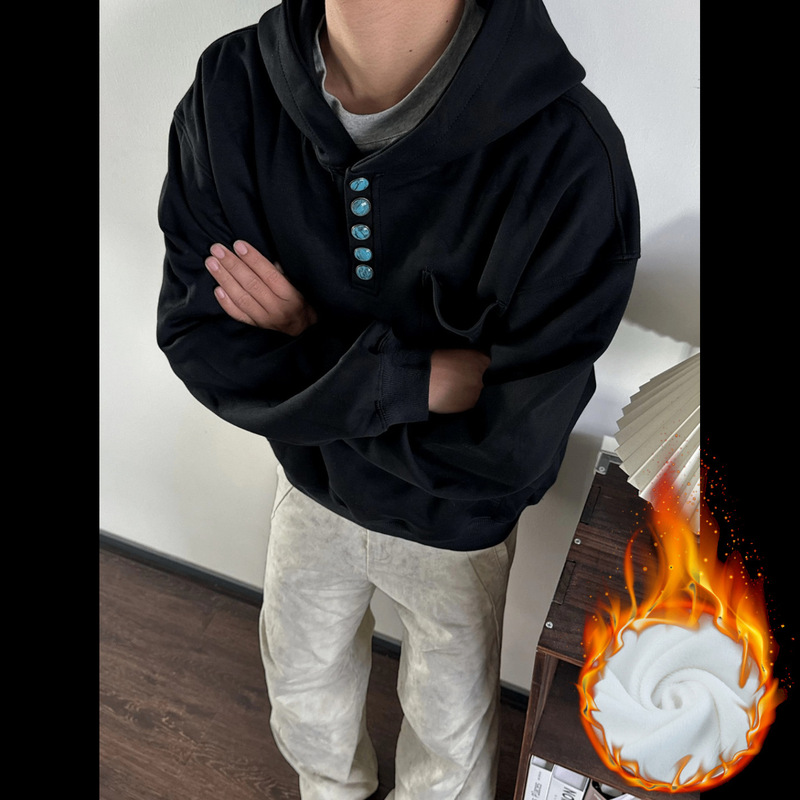 Autumn and Winter Fleece-Lined Thick American Retro Turquoise Button Hooded Pocket Versatile Loose Pullover Heavyweight Sweatshirt