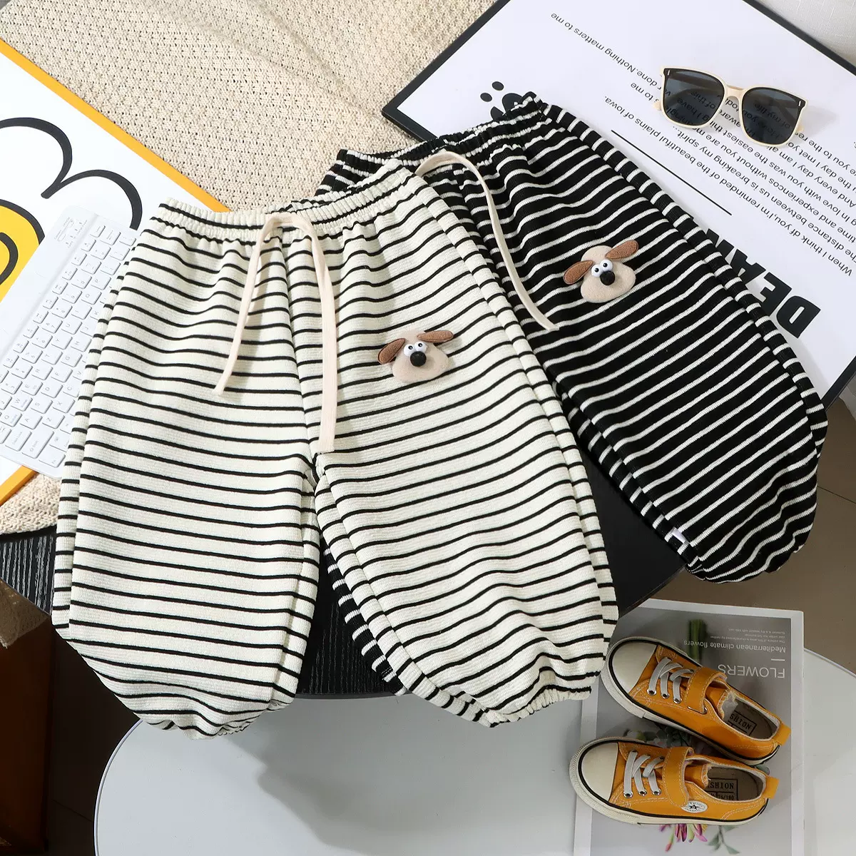 儿童春秋款男女童裤子雪绒条纹裤新款韩版洋气百搭休闲束腿卫裤