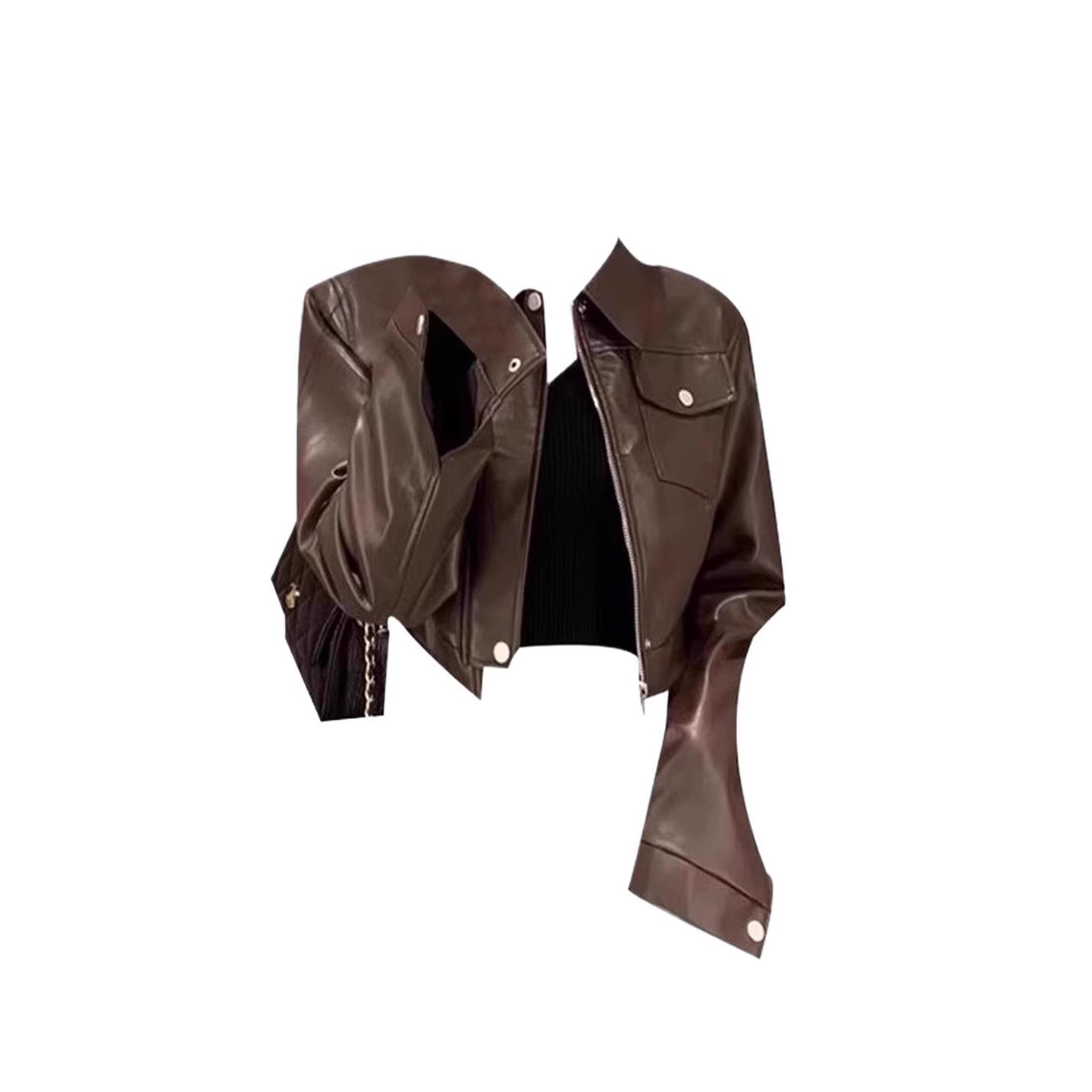 Vintage High-End Brown Short Pu Leather Jacket for Women, Early Autumn Popular Melard Petite Biker Jacket