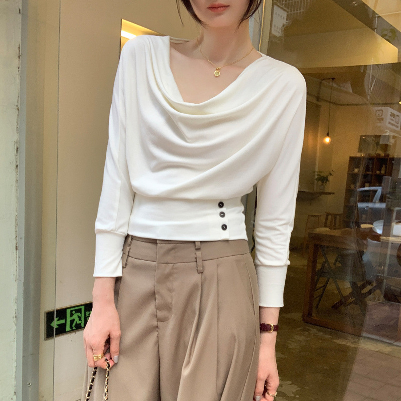 欧货今年流行高级感荡领长袖T恤女2025早秋新款独特短款上衣|undefined