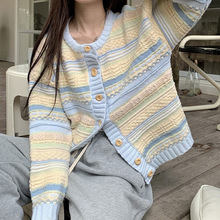 早秋冬2024年新款韩版宽松条纹外衣百搭针织毛衣薄款开衫外套女士