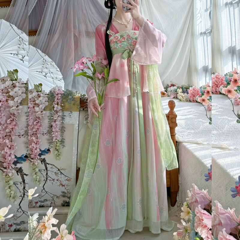 Luozhu Original【Spring River Warm Water】Tang-Style Han Element Suspender Dress Daily Hanfu Set with Chest-High Embroidery for Spring