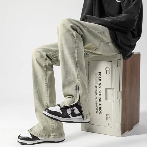 Spring/Autumn Yellow Mud-Dyed Flared Jeans for Men, Washed American-Style Pants with High-Street Fashion Brand Design—Featuring a Zipper and Split Crotch for a Straight-Leg Look
