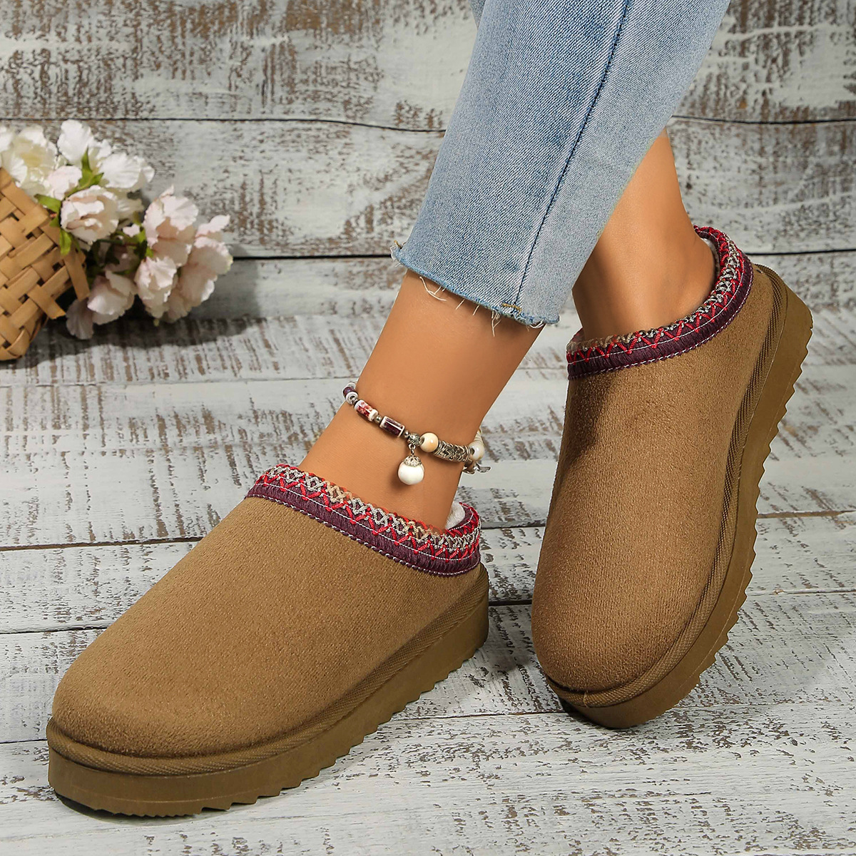 Lace ethnic fashion snow boots women's shoes semi-drag cotton shoes autumn and winter indoor outdoor_viptrois.com