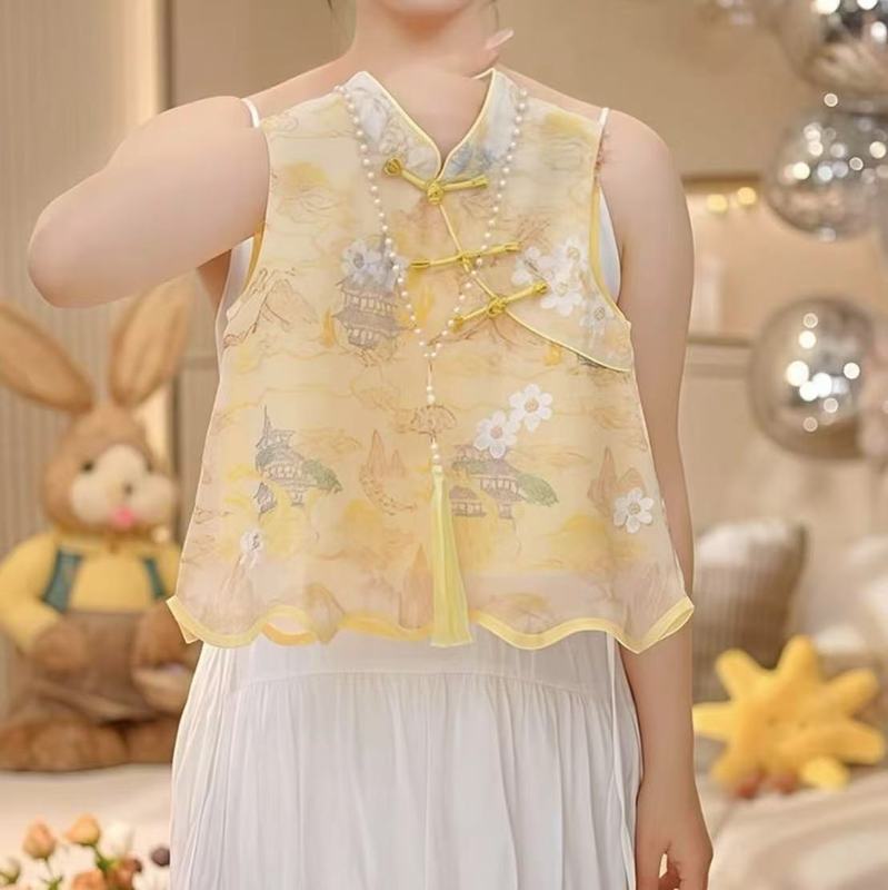 女の子の夏のスーツ 2025 新しい子供の新しい中国風の薄い服ベビー夏ノースリーブ中国風 2 点セット|undefined