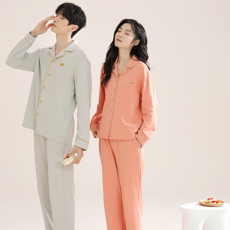 항균 통기성 순면 커플 잠옷 봄과 가을 긴 소매 바지 가디건 옷깃 플러스 사이즈 세트 남성 및 여성 홈 옷