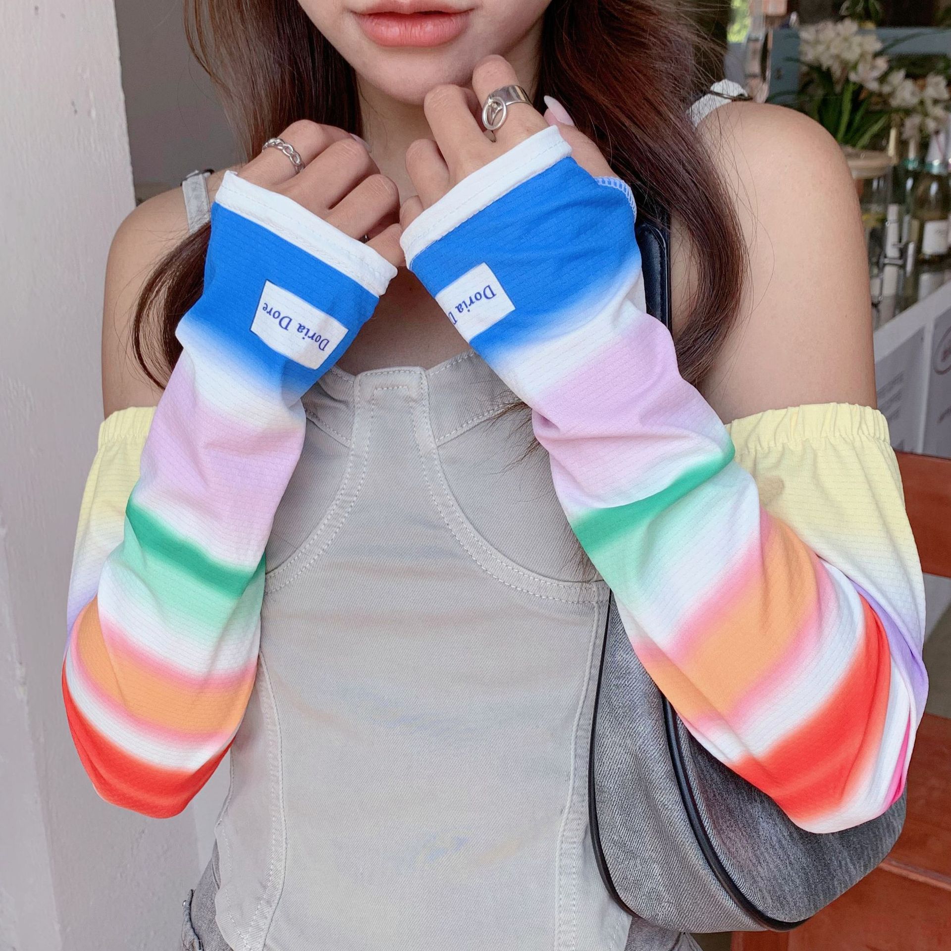 Arco iris degradado guantes de protección solar mujeres conducción al aire libre protección UV protector de brazo de seda de hielo estudiantes ciclismo protector solar mangas de hielo