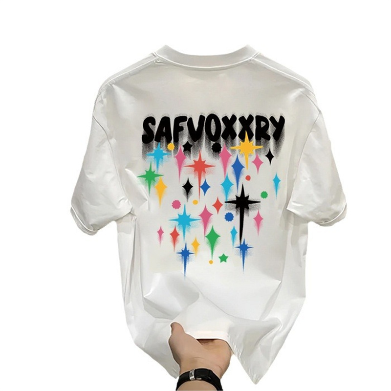 Abbigliamento estivo da uomo, camicia bianca pesante da uomo, con fondo bianco puro, mezza manica, maglietta nera con stampa cartoon_voghion.com