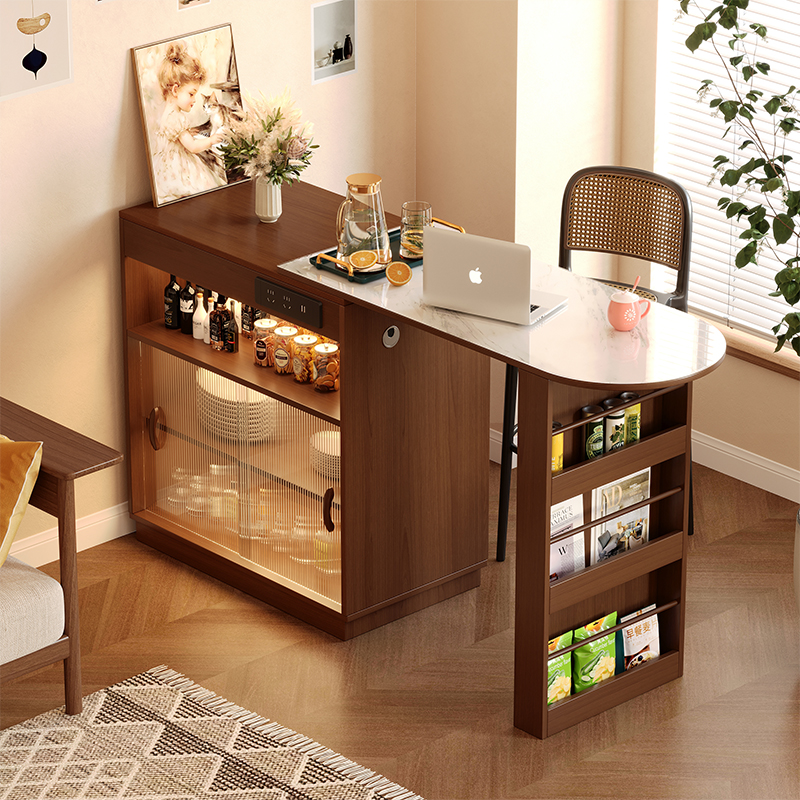 Medieval-Style Solid Wood Bar Table for Home Use on the Balcony, Leisure, Extendable, Small Apartment, Island Table with Storage and Dining Side Integrated