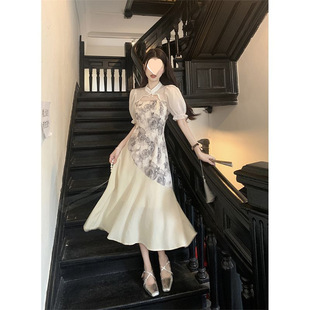 New Chinese Style Stand-Up Collar Short-Sleeved Summer 2025 New Waist Slimming Mid-Length Ink Floral Stitching Fairy Skirt