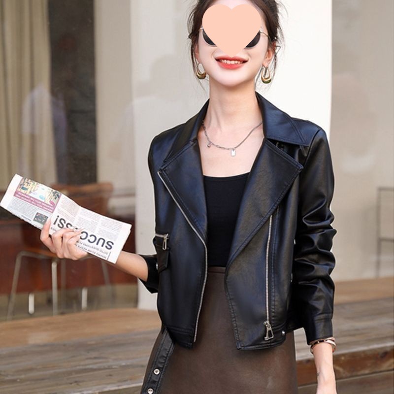 2025 Spring and Autumn New Leather Jacket Women's Short Motorcycle Suit Casual Small Pu Leather Suit Collar Jacket