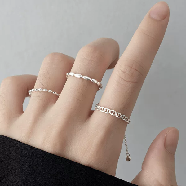 S925 Sterling Silver Pig Nose Rice Grain Round Piece Pull-Out Ring for Women, Light Luxury Niche Design, Trendy Adjustable Index Finger Ring