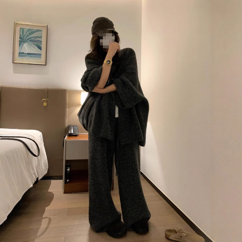 蝙蝠袖针织开衫套装女秋冬新款宽松慵懒风松弛感休闲阔腿裤两件套|undefined