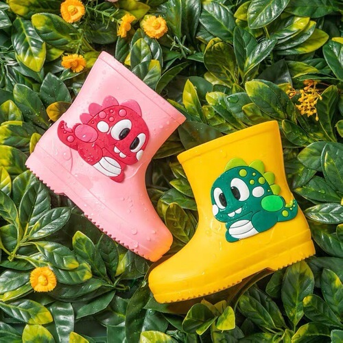 Children's Rain Boots Cartoon Dinosaur Baby Waterproof Outer Wear for Boys and Girls 2-6 Years Old Cute Short Socks Shoes