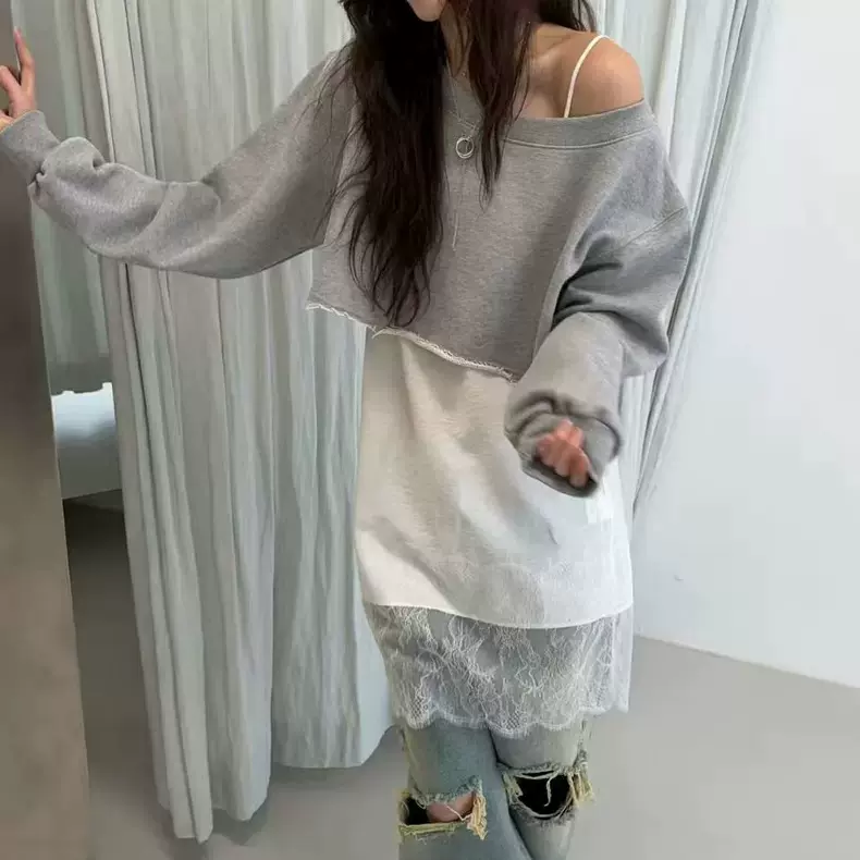 现货2026春季新韩国东大门气质纯色斜肩磨边卷边短款显瘦长袖卫衣
