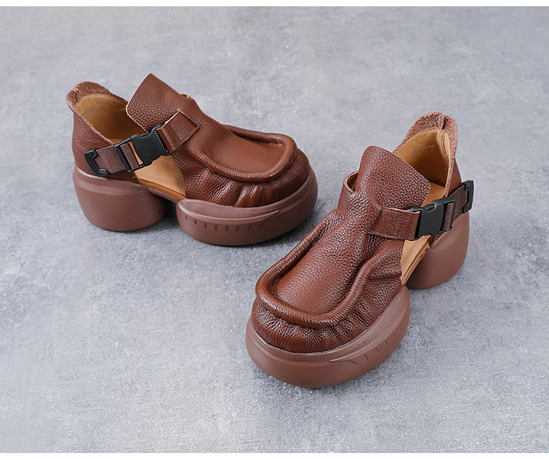 Sandal cao gót nữ quai ngang đế xốp dày da bò thật — Màu nâu chi tiết 14