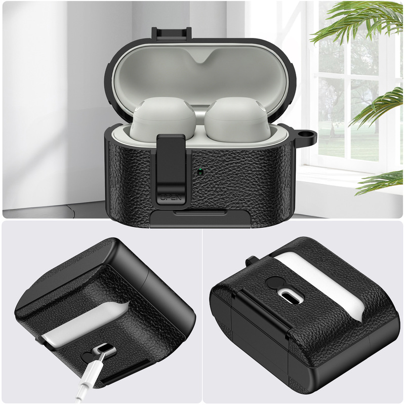 Suitable for Sony Wf-1000Xm6 Earphone Case with Leather Texture Lock Buckle, Bluetooth Noise-Cancelling Earbuds 6 Protective Case with Invisible Stand
