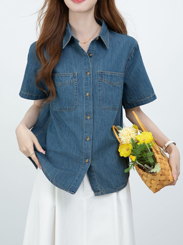 Áo sơ mi denim nữ tay dài phong cách retro rộng rãi — xanh lam