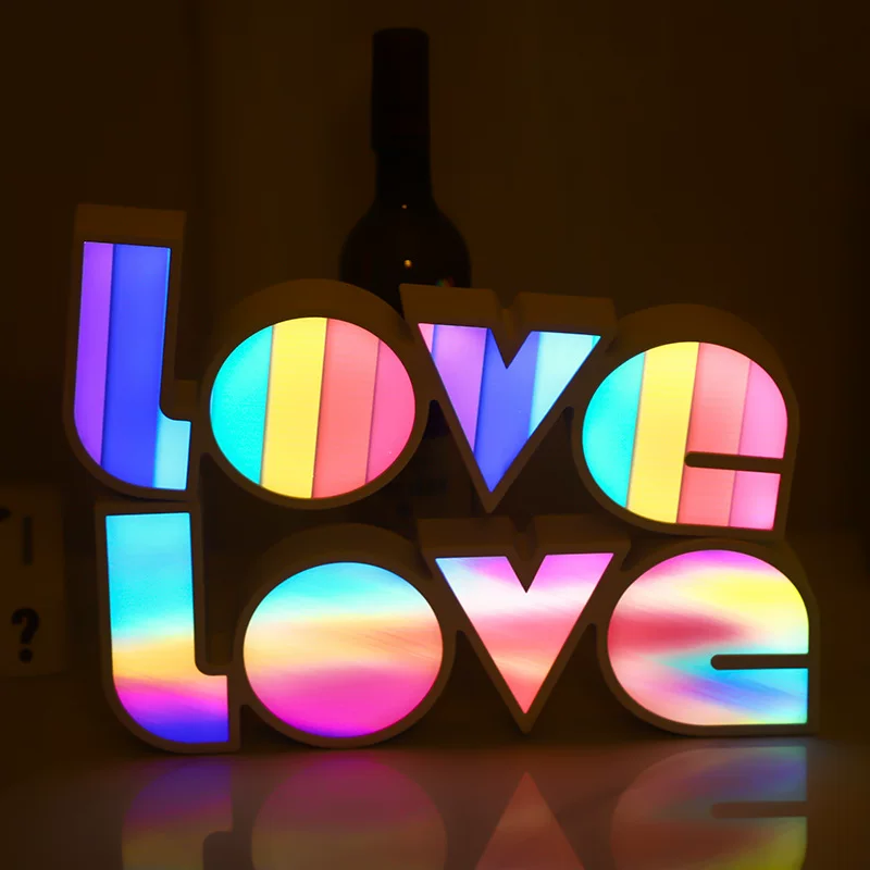 LED светящаяся коробка со словами LOVE, питание USB или 3×AAA, 36×13.5 см, цвета в полоску/градиент