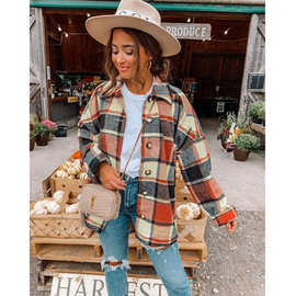 ins网红款秋季街头气质欧美长袖翻领宽松型女式格子衬衫中长外套