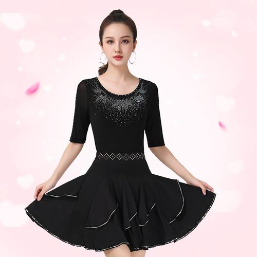 Square dance modern dance top new style female butterfly diamond round neck three-quarter sleeves Latin dance costume jitterbug suit