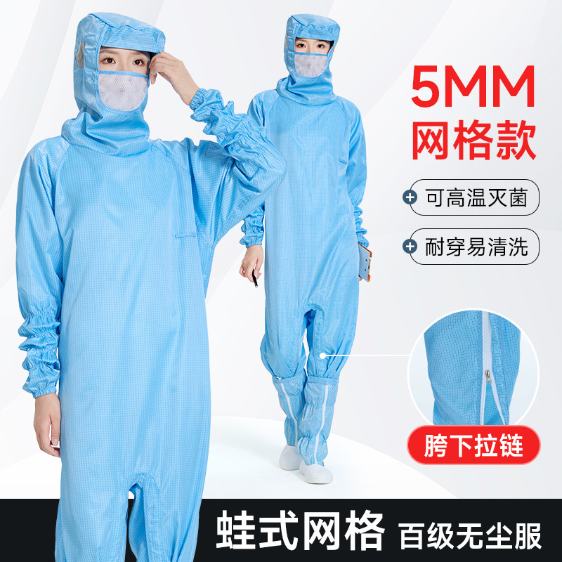 Frog-Type Anti-Static Dust-Free Clothing, Class 100 Mesh, Zipper under Crotch, Semiconductor Workshop Clean Room Dust-Proof Overalls