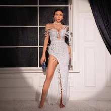 欧美跨境INS重工亮片羽毛珍珠晚礼服气质时尚奢华高级感晚宴礼服