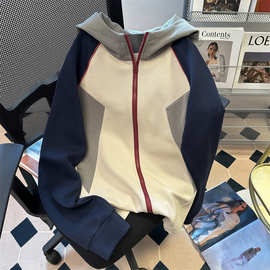 美式复古撞色拼接运动学院风连帽卫衣男女秋冬季加绒加厚情侣外套