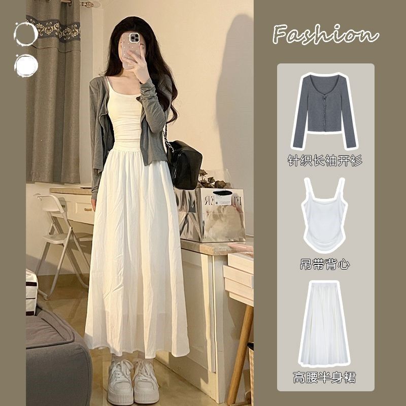 Sweet and Gentle Style Long-Sleeved Thin Cardigan Camisole Three-Piece Suit for Women Spring and Autumn High-Waisted Skirt Long Skirt
