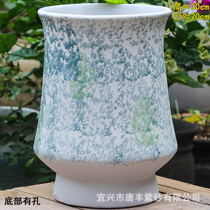 Large White Wabi-Sabi Style Green Glaze Waistband Handmade Stoneware Flower Pot Suitable for Indoor and Outdoor Succulent Green Plants and Florals